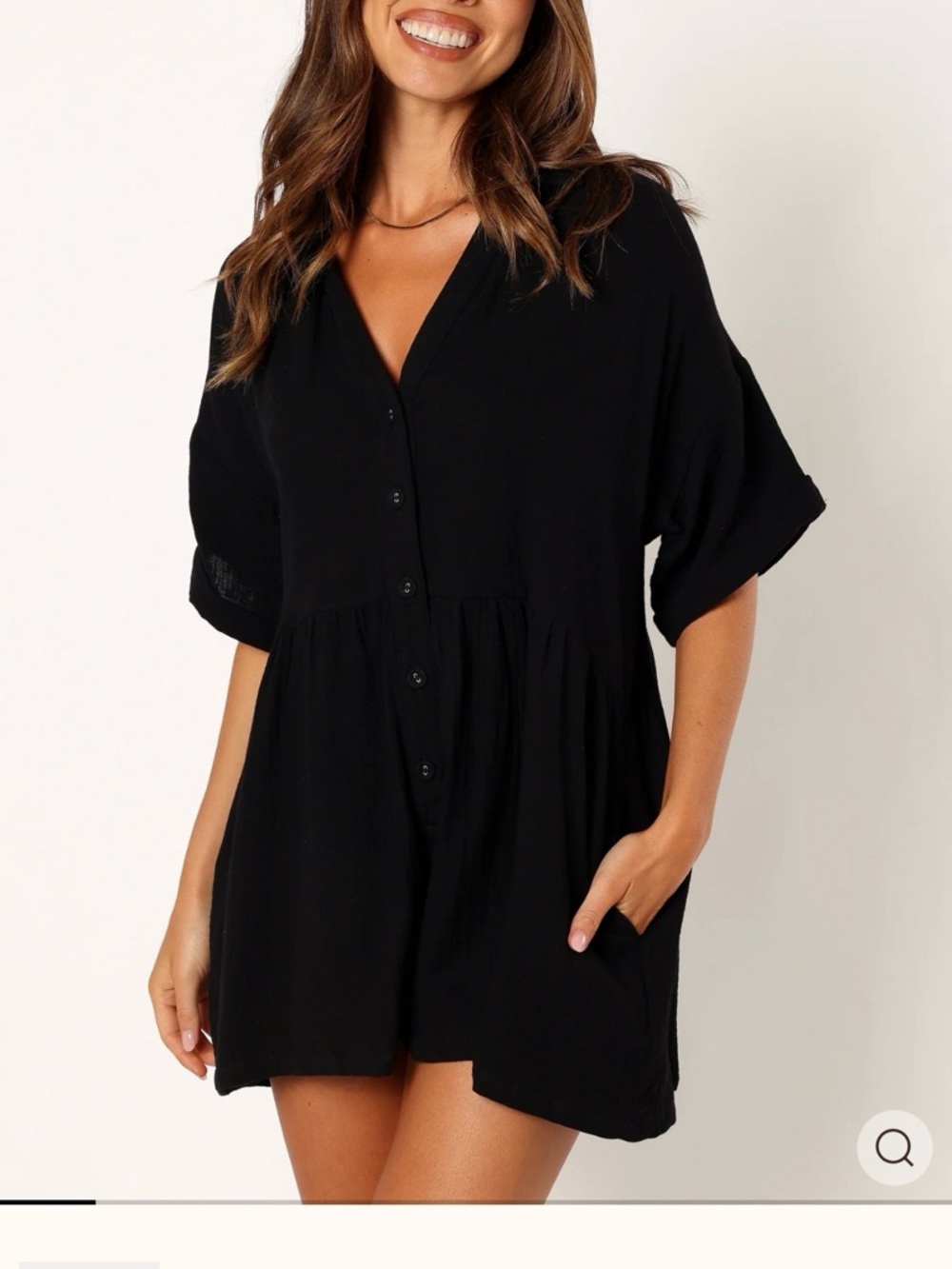 Petal & Pup Black Gauze Button-Front Romper